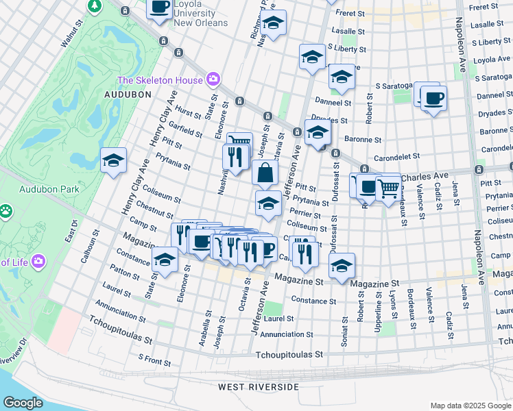 map of restaurants, bars, coffee shops, grocery stores, and more near 5519 Perrier Street in New Orleans
