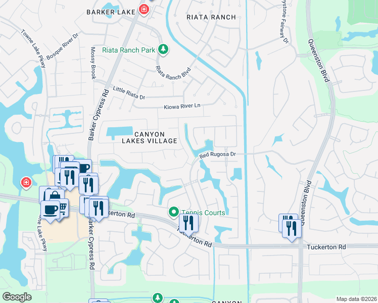 map of restaurants, bars, coffee shops, grocery stores, and more near 10307 Sablebrook Lane in Houston