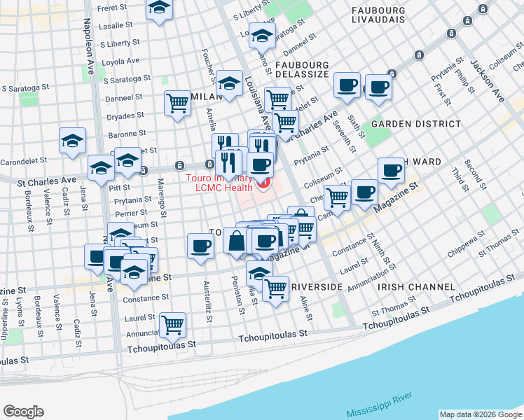 map of restaurants, bars, coffee shops, grocery stores, and more near 3601 Coliseum Street in New Orleans