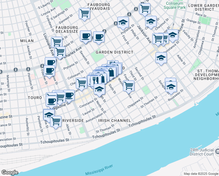 map of restaurants, bars, coffee shops, grocery stores, and more near 2914 Magazine Street in New Orleans