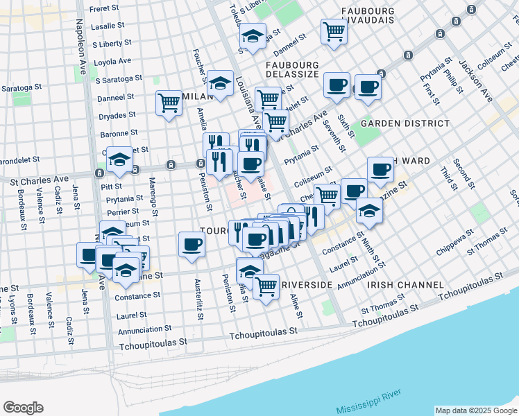 map of restaurants, bars, coffee shops, grocery stores, and more near 1321 Aline Street in New Orleans