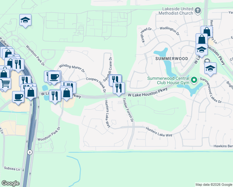 map of restaurants, bars, coffee shops, grocery stores, and more near 12661 West Lake Houston Parkway in Houston