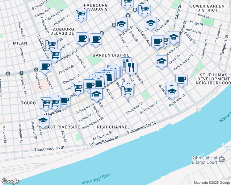 map of restaurants, bars, coffee shops, grocery stores, and more near 2824 Constance Street in New Orleans