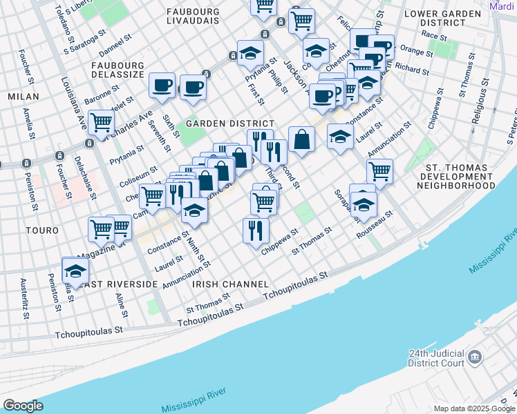 map of restaurants, bars, coffee shops, grocery stores, and more near 2717 Laurel Street in New Orleans