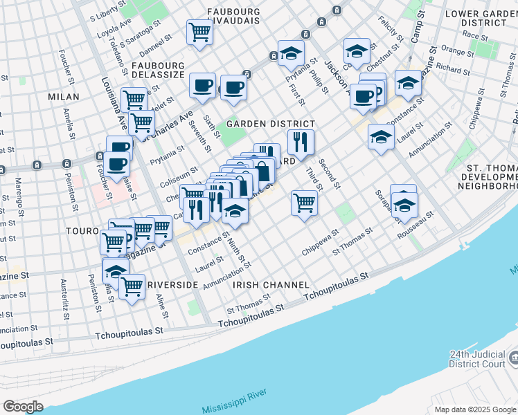 map of restaurants, bars, coffee shops, grocery stores, and more near 2914 Magazine Street in New Orleans