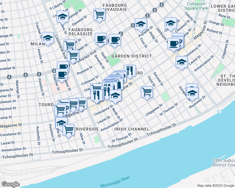 map of restaurants, bars, coffee shops, grocery stores, and more near 1117 Eighth Street in New Orleans