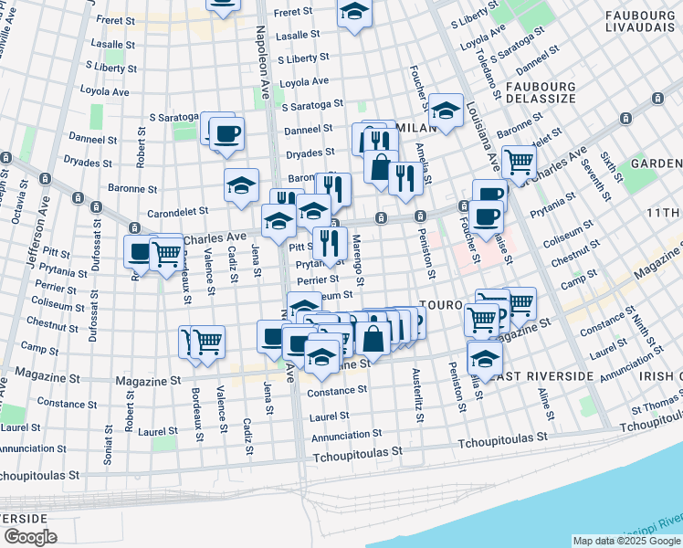 map of restaurants, bars, coffee shops, grocery stores, and more near 4124 Prytania Street in New Orleans