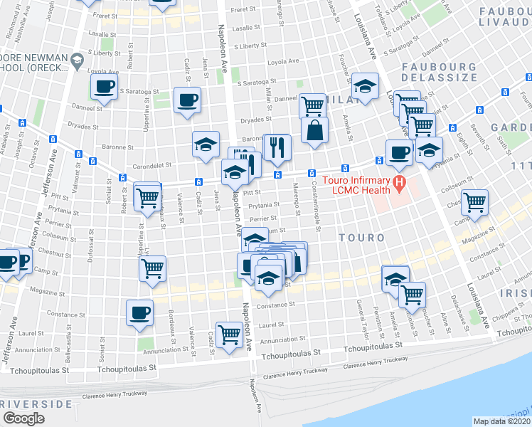 map of restaurants, bars, coffee shops, grocery stores, and more near 1321 General Pershing Street in New Orleans