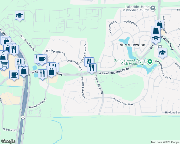 map of restaurants, bars, coffee shops, grocery stores, and more near 13071 West Lake Houston Parkway in Houston