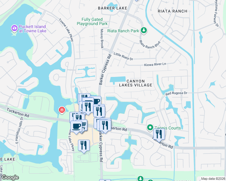 map of restaurants, bars, coffee shops, grocery stores, and more near 17615 Prospect Meadows Drive in Houston