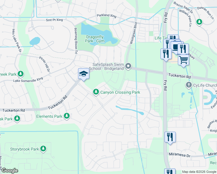 map of restaurants, bars, coffee shops, grocery stores, and more near Unnamed Road in Cypress