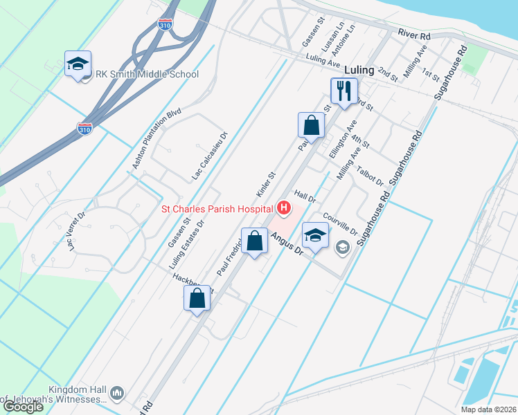 map of restaurants, bars, coffee shops, grocery stores, and more near 913 Paul Fredrick Street in Luling
