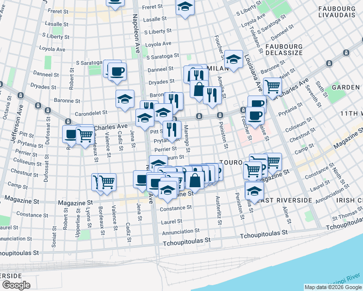 map of restaurants, bars, coffee shops, grocery stores, and more near 4124 Prytania Street in New Orleans