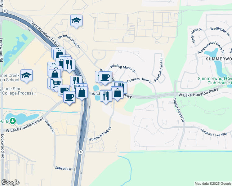 map of restaurants, bars, coffee shops, grocery stores, and more near 14633 Woodson Park Drive in Houston