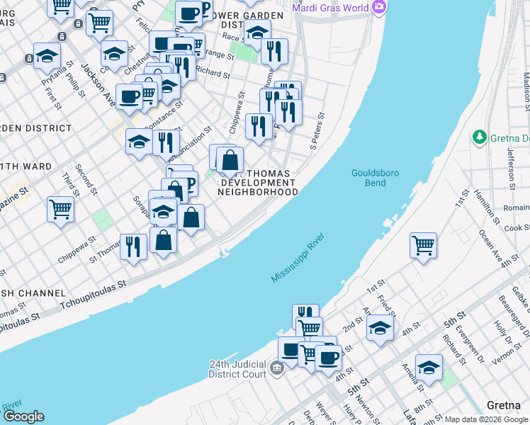 map of restaurants, bars, coffee shops, grocery stores, and more near 1901 Tchoupitoulas Street in New Orleans