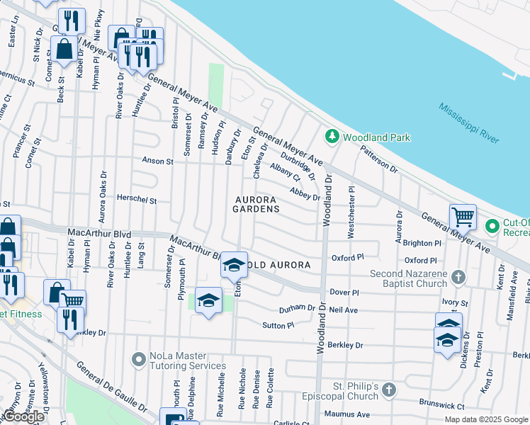 map of restaurants, bars, coffee shops, grocery stores, and more near 5650 Norland Avenue in New Orleans