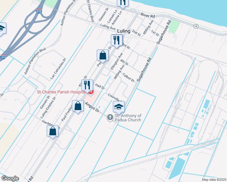 map of restaurants, bars, coffee shops, grocery stores, and more near 816 Collier Drive in Luling
