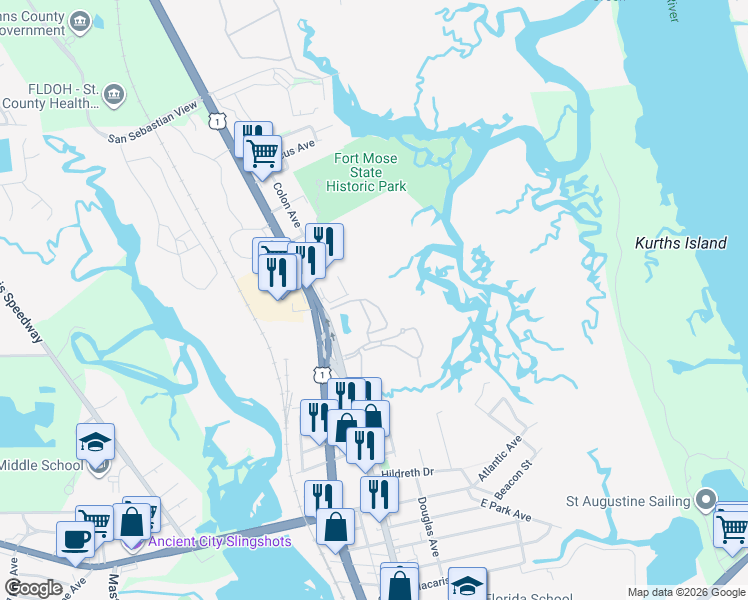 map of restaurants, bars, coffee shops, grocery stores, and more near 4020 Grande Vista Boulevard in St. Augustine