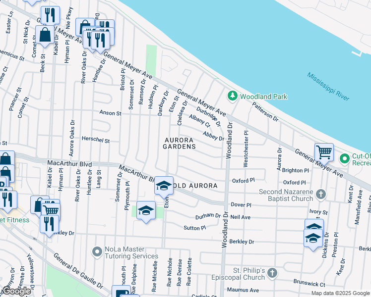 map of restaurants, bars, coffee shops, grocery stores, and more near 5650 Norland Avenue in New Orleans