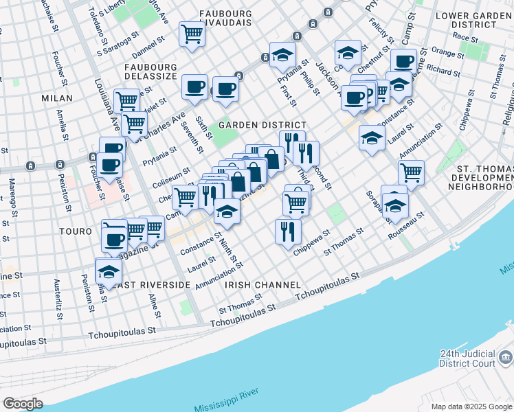 map of restaurants, bars, coffee shops, grocery stores, and more near 2824 Constance Street in New Orleans