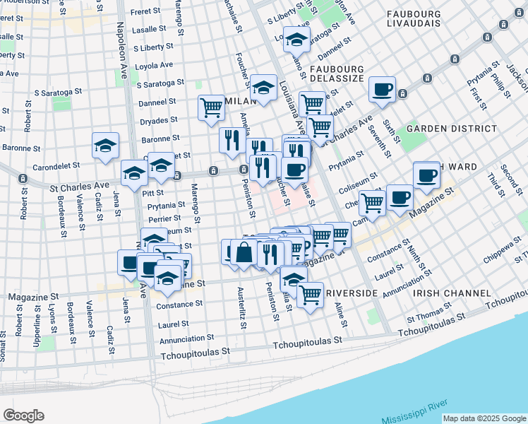 map of restaurants, bars, coffee shops, grocery stores, and more near 3706 Perrier Street in New Orleans