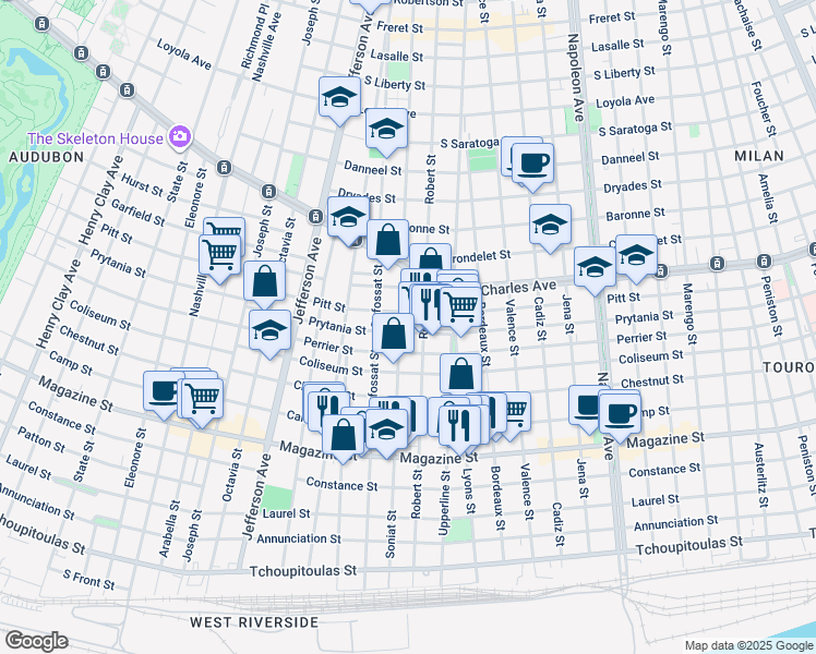 map of restaurants, bars, coffee shops, grocery stores, and more near 1413 Soniat Street in New Orleans