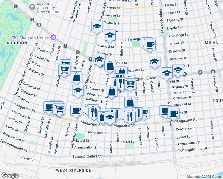 map of restaurants, bars, coffee shops, grocery stores, and more near 1413 Soniat Street in New Orleans