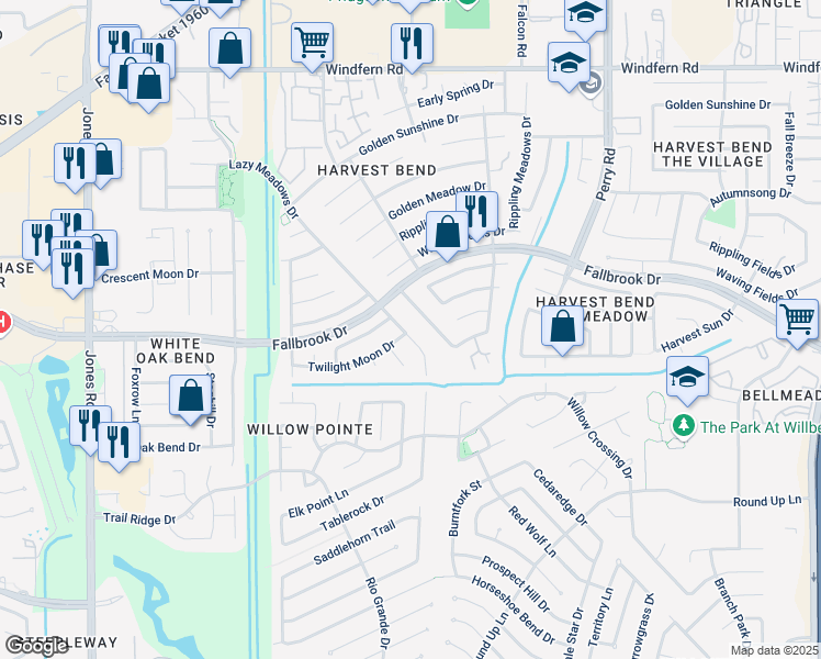 map of restaurants, bars, coffee shops, grocery stores, and more near 10506 Lazy Meadows Drive in Houston