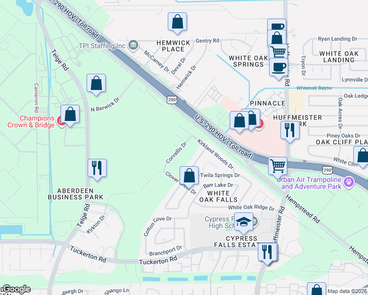 map of restaurants, bars, coffee shops, grocery stores, and more near 10134 Corvallis Drive in Houston