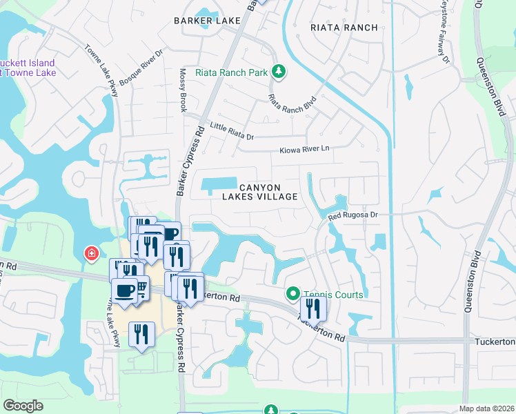 map of restaurants, bars, coffee shops, grocery stores, and more near 17419 Prospect Meadows Drive in Houston