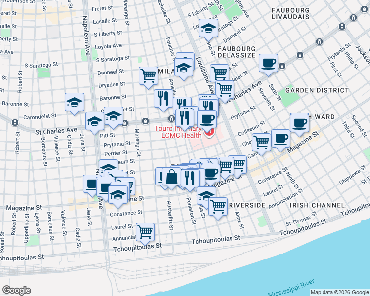 map of restaurants, bars, coffee shops, grocery stores, and more near 3706 Perrier Street in New Orleans