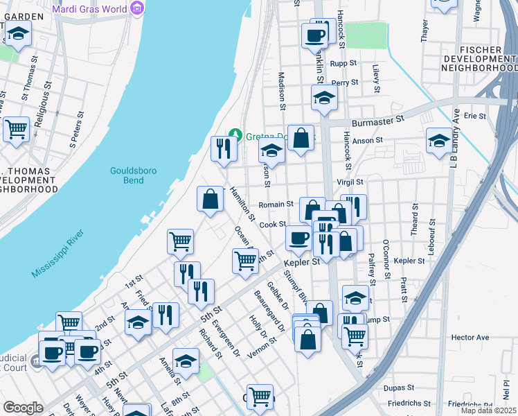 map of restaurants, bars, coffee shops, grocery stores, and more near 418 Romain Street in Gretna