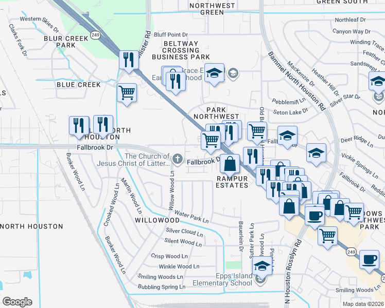 map of restaurants, bars, coffee shops, grocery stores, and more near 7610 Fallbrook Drive in Houston