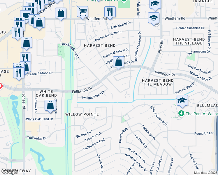 map of restaurants, bars, coffee shops, grocery stores, and more near 10506 Lazy Meadows Drive in Houston