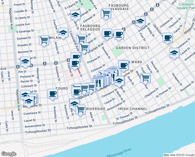 map of restaurants, bars, coffee shops, grocery stores, and more near 1228 Toledano Street in New Orleans