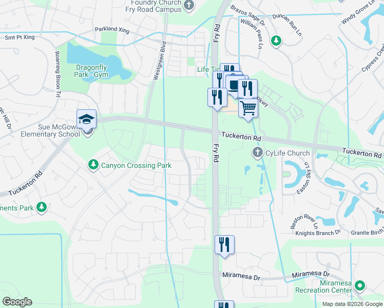 map of restaurants, bars, coffee shops, grocery stores, and more near Fry Road in Cypress