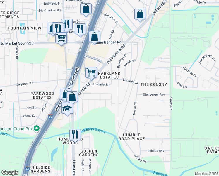 map of restaurants, bars, coffee shops, grocery stores, and more near 6230 Laramie Street in Humble