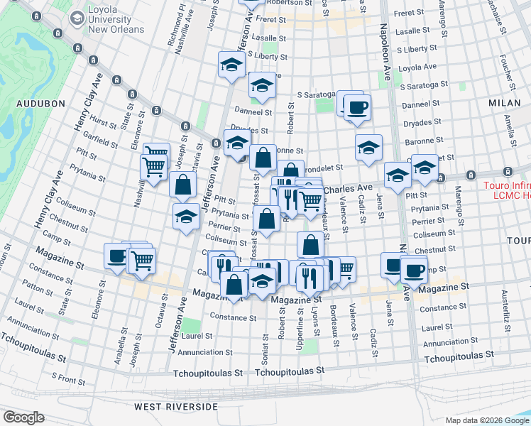 map of restaurants, bars, coffee shops, grocery stores, and more near 1415 Soniat Street in New Orleans