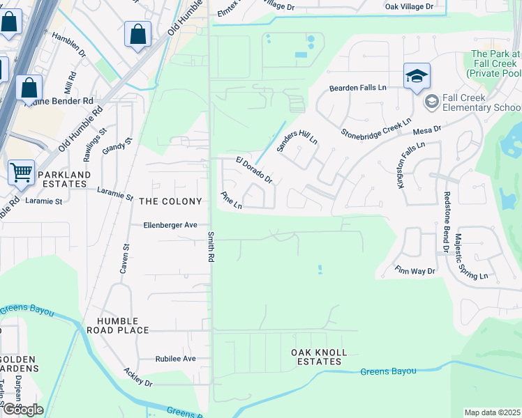 map of restaurants, bars, coffee shops, grocery stores, and more near 14015 Pine Lane in Humble