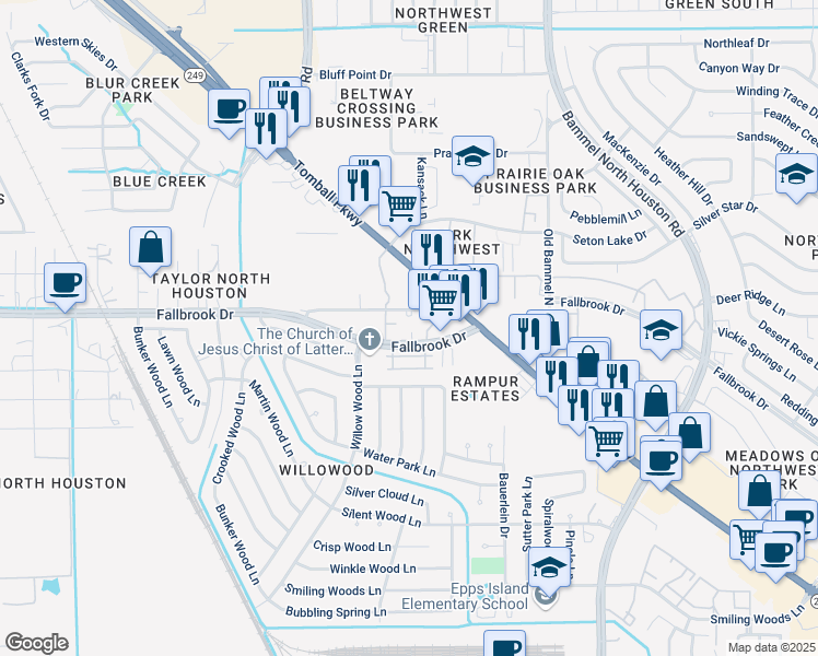 map of restaurants, bars, coffee shops, grocery stores, and more near 7610 Fallbrook Drive in Houston