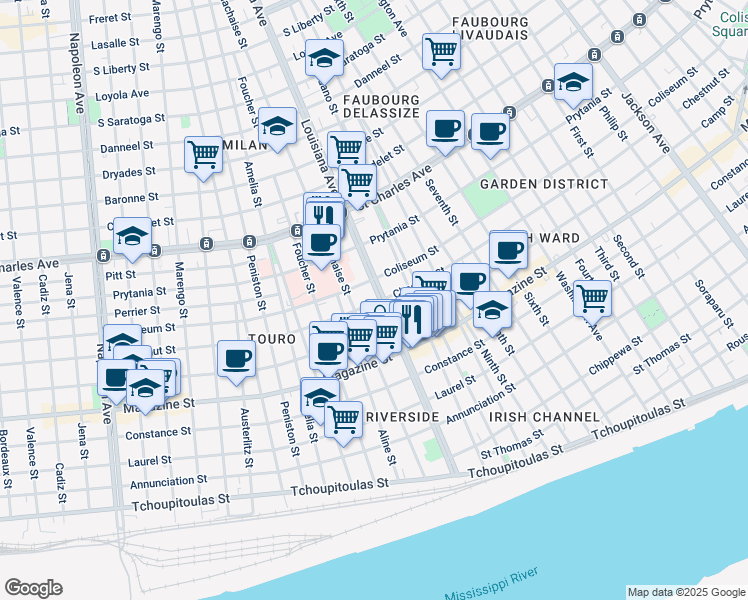 map of restaurants, bars, coffee shops, grocery stores, and more near 1304 Louisiana Ave in New Orleans