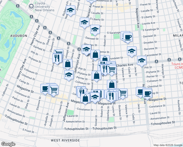 map of restaurants, bars, coffee shops, grocery stores, and more near 1402 Dufossat St in New Orleans