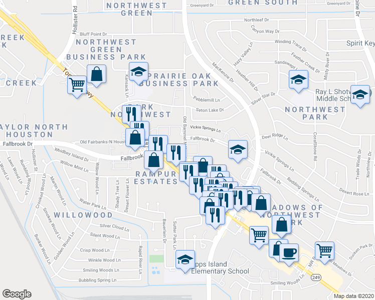 map of restaurants, bars, coffee shops, grocery stores, and more near 1105 Old Bammel N Houston Road in Houston