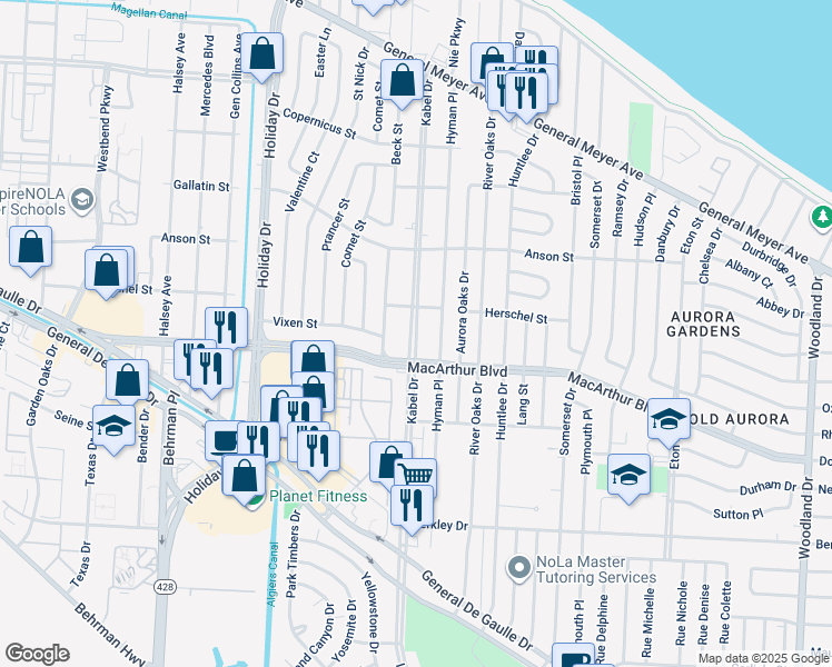 map of restaurants, bars, coffee shops, grocery stores, and more near 2826 Kabel Drive in New Orleans