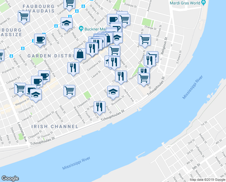 map of restaurants, bars, coffee shops, grocery stores, and more near 2317 Saint Thomas Street in New Orleans