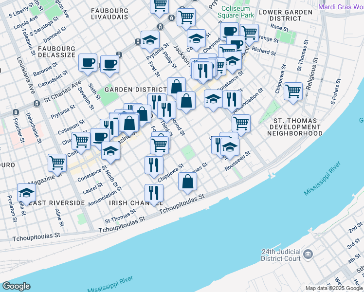 map of restaurants, bars, coffee shops, grocery stores, and more near 824 Third Street in New Orleans