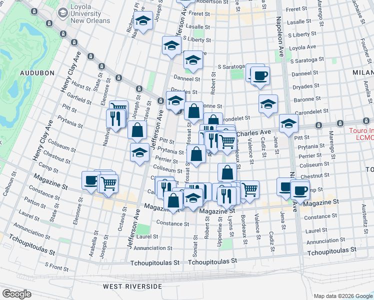 map of restaurants, bars, coffee shops, grocery stores, and more near 1402 Dufossat Street in New Orleans