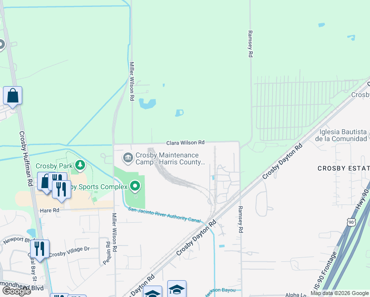 map of restaurants, bars, coffee shops, grocery stores, and more near in Crosby