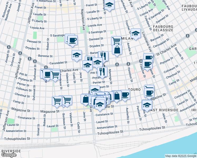 map of restaurants, bars, coffee shops, grocery stores, and more near 1321 General Pershing Street in New Orleans