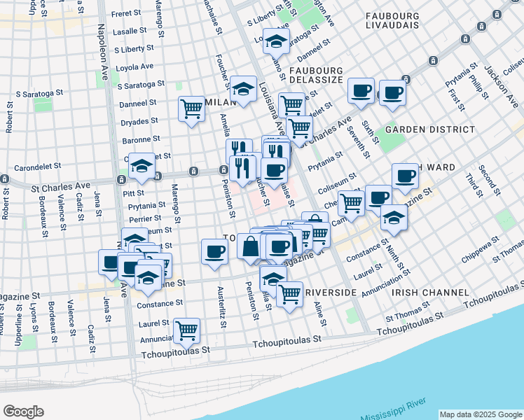 map of restaurants, bars, coffee shops, grocery stores, and more near 3601 Coliseum Street in New Orleans